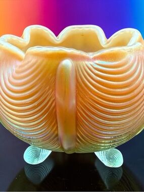 Fenton Aqua Opalescent Carnival Glass Drapery Rose Bowl Vase Curtain 1970s